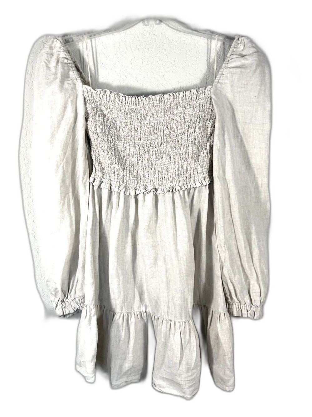 Aritzia Wilfred Tempest Natural Oatmeal Organic Linen Smocked Mini Dress S Boho